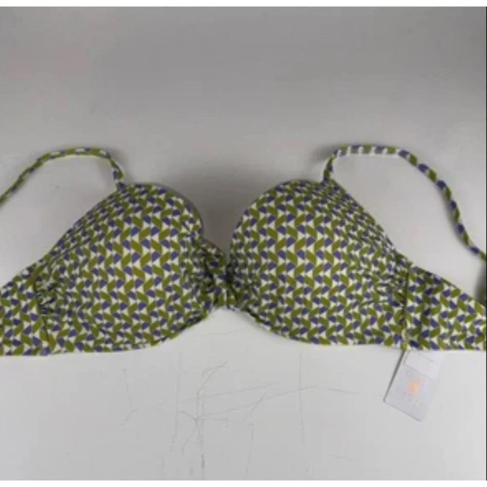 Shade & Shore Bikini Top Women 36C Green Geometric Twist Front Underwire Swim